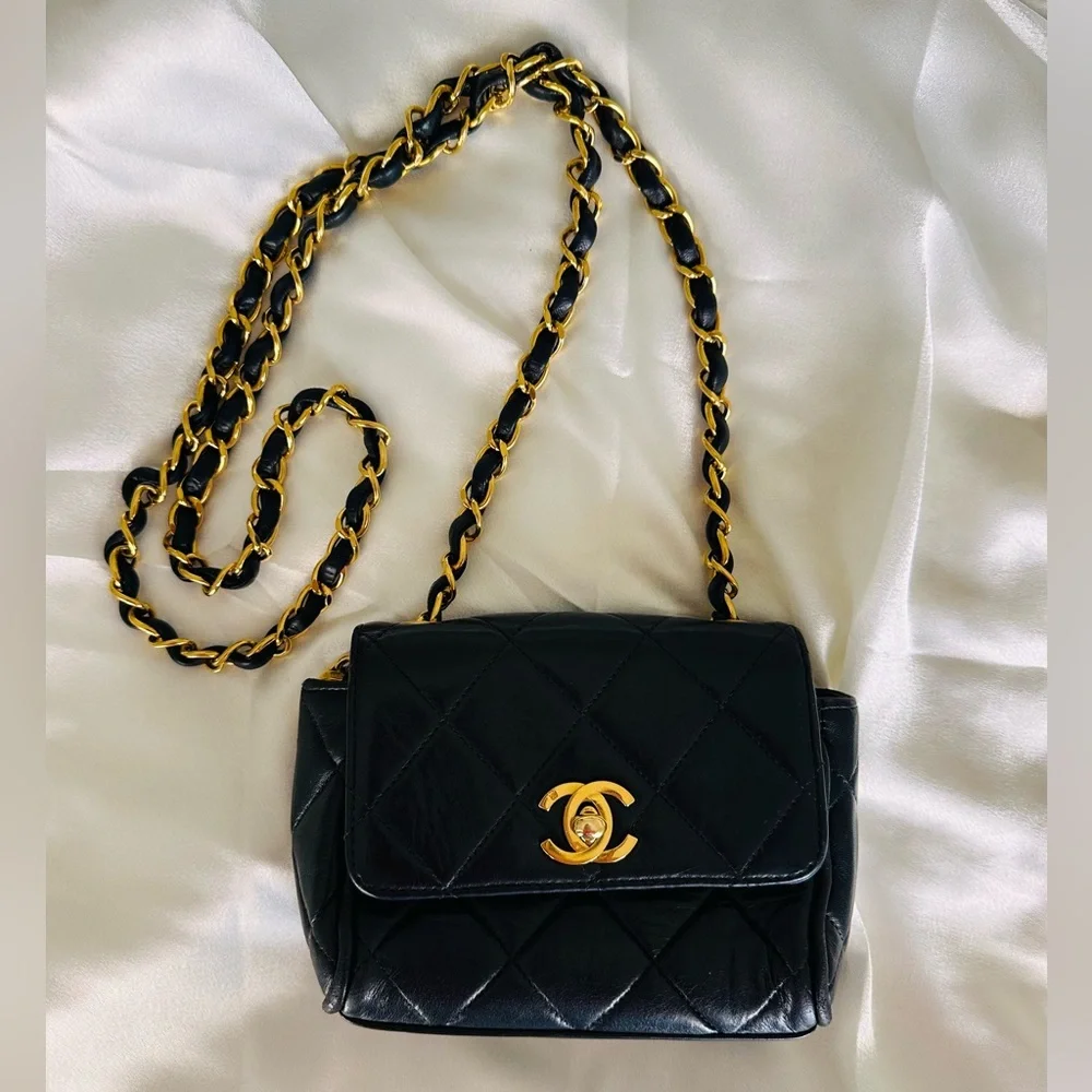 Chanel 1994 Mini Black Quilted Crossbody with Gold Chain